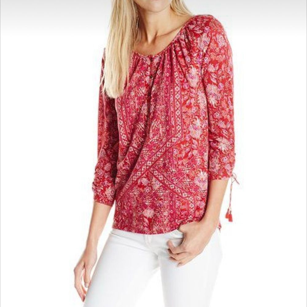 Lucky Brand Red Multi Color Tie Sleeve Button Henley High-Low Top Women's Med.